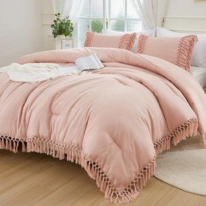 Blush Pink Boho Tassels King Size Bed Comforter Shams Bohemian Bedding 3pc Set